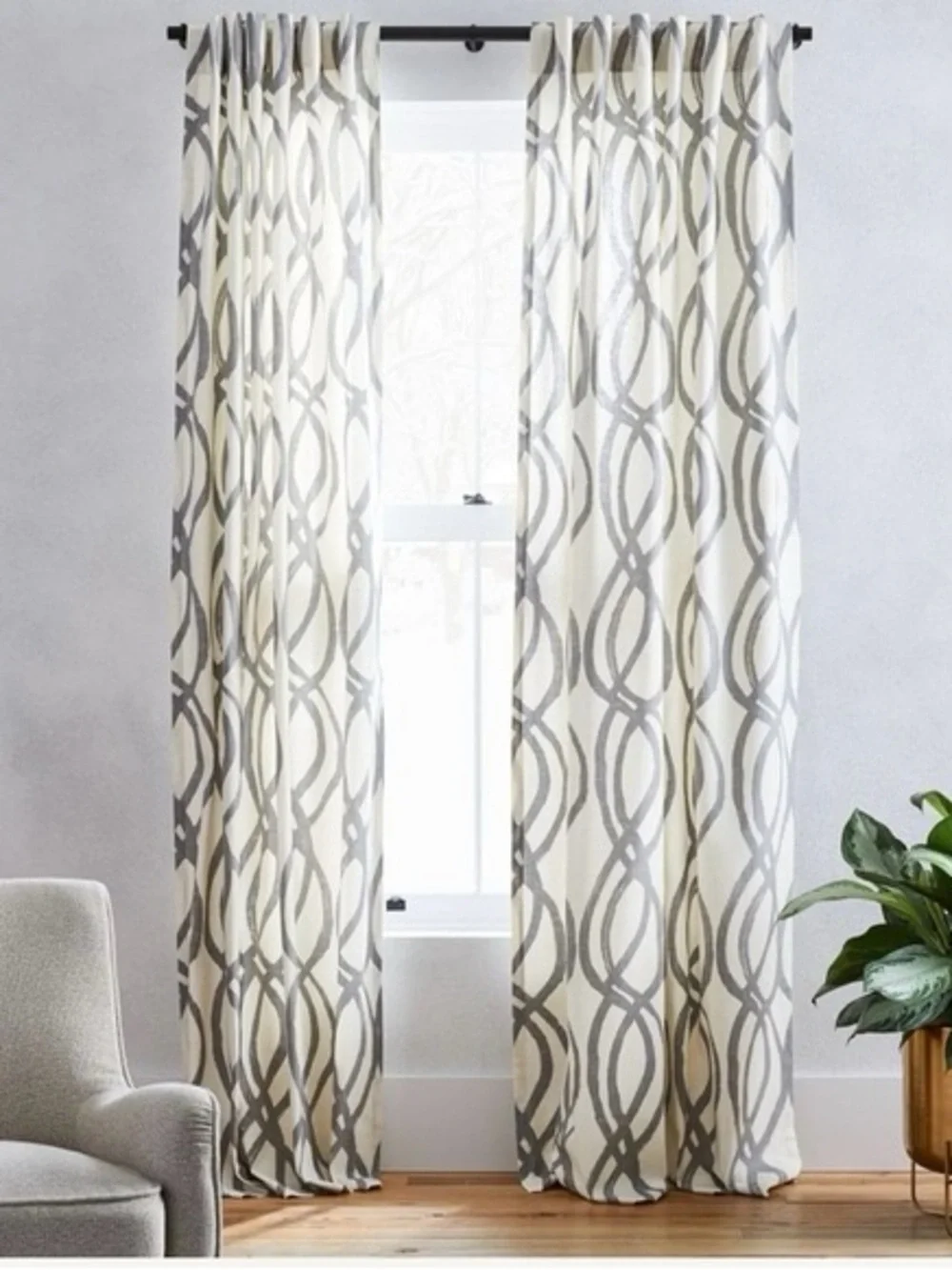 West Elm Cotton Canvas Scribble Lattice Curtains, Feather Gray, set of 4
